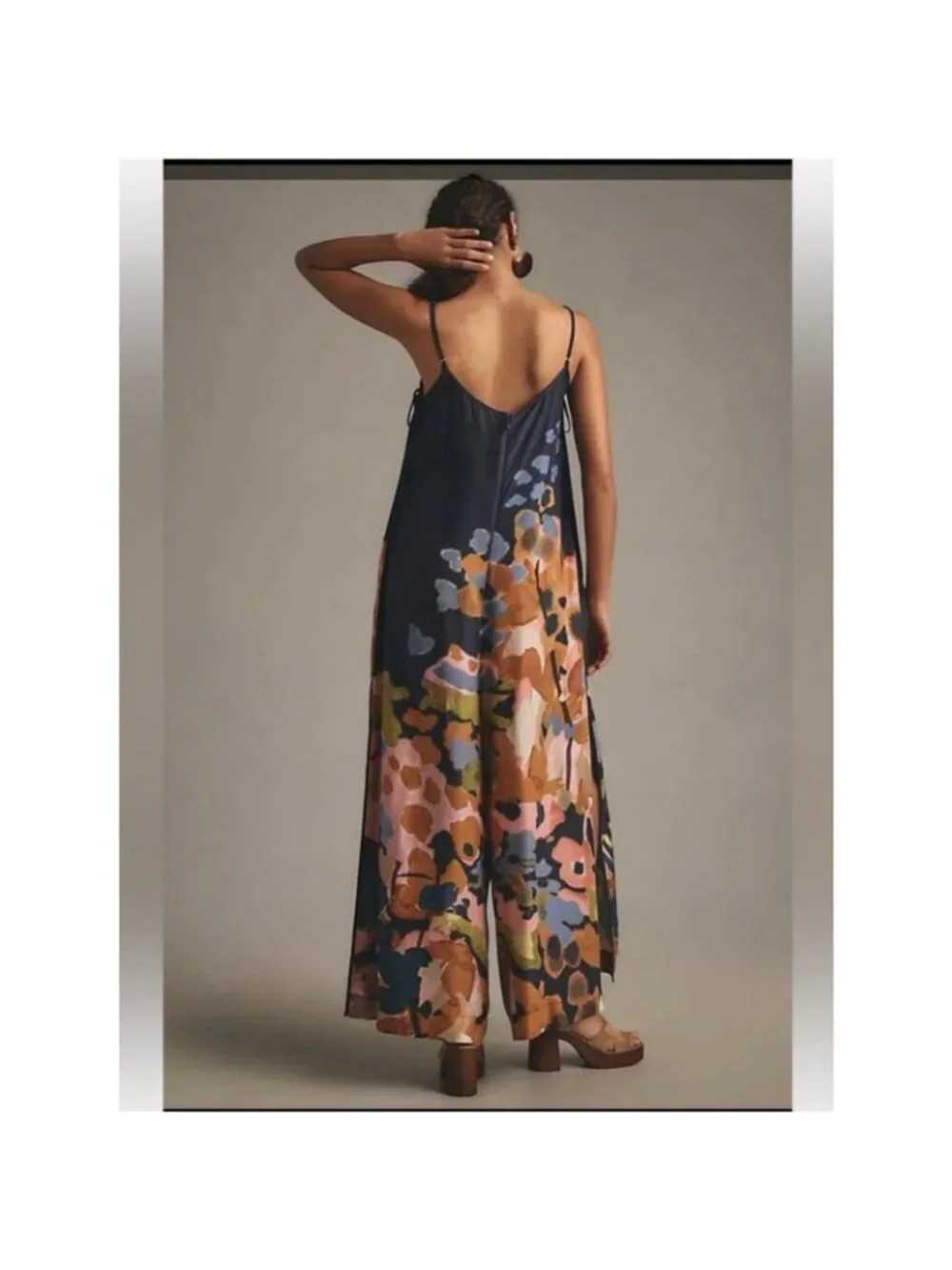 By Anthropologie Printed Wide-Leg Jumpsuit Navy Abstract Floral Print